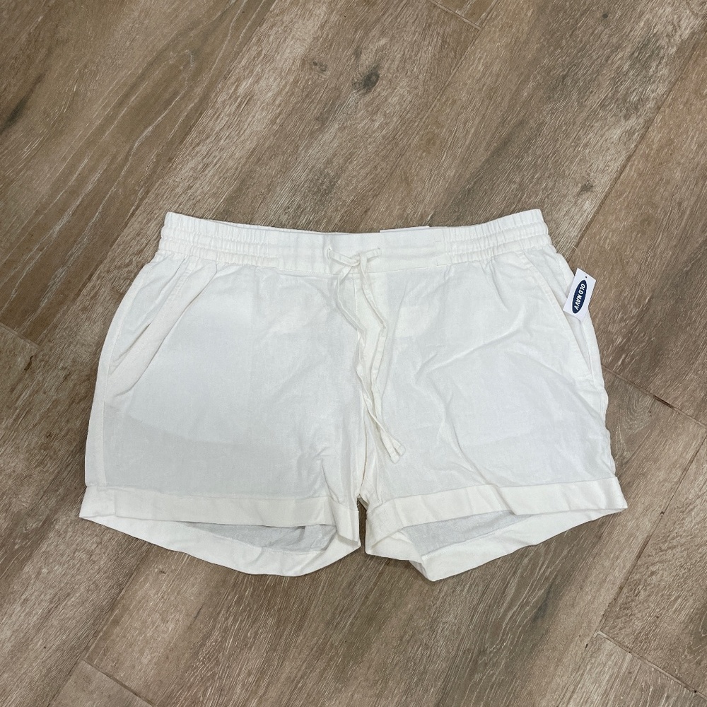 Old Navy size L womens white linen pull on elastic waist drawstring shorts